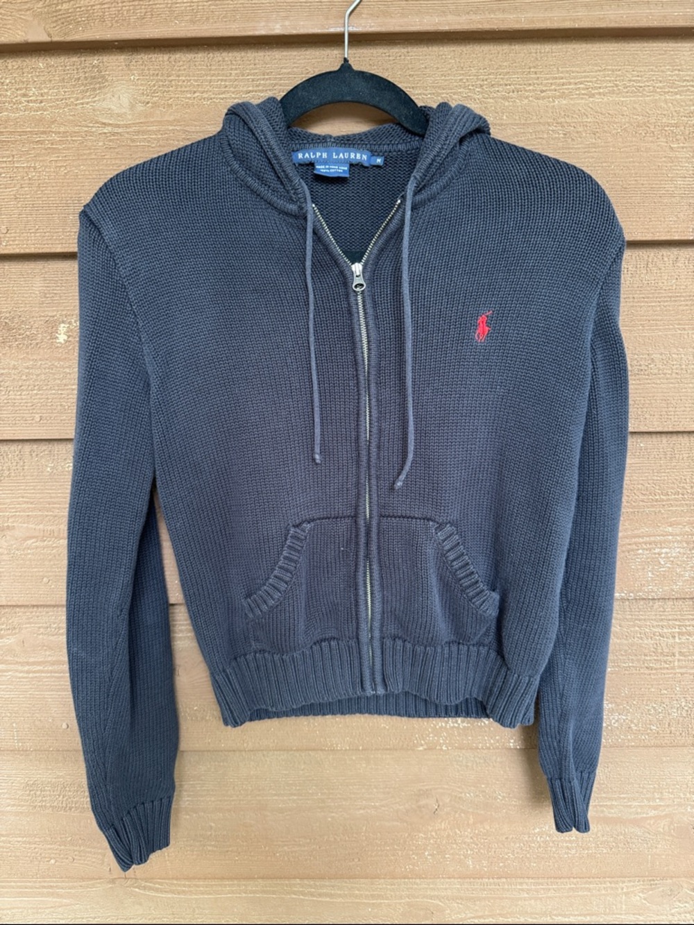 Ralph Lauren Black Big Kids Knit Zip Hoodie With Red Polo Pony Size Medium